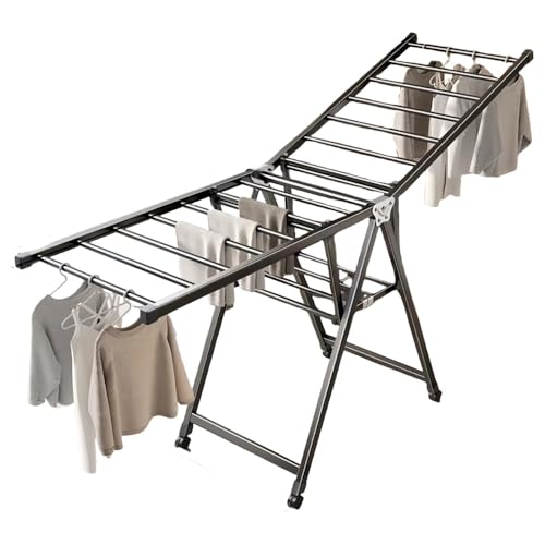 Deronder 物干しスタンド、折りたたみ式物干しラック、組み立て不要、 キャスター付き、平干しも可能、コンパクト、移動しやすい洋服ハンガー、キルト、衣類、靴、タオルを干しするのに適しています (2層,1.8M)
