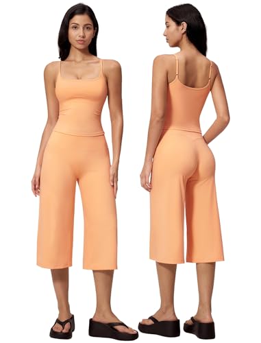 ABOCIW Workout Sets for Women Two Piece Spaghetti StrapsTank Top Matching Wide Leg Capri Gaucho Pants Gym Sets Woman Yoga Pilates Outfits Active Wear Athletic Work Out Clothes Tank Orange Medium