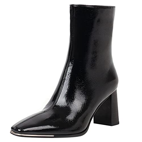 Lizoleor Mujer Tacón Ancho Puntiagudo Vestido Charol Botines Cremallera Oficina Zapatos Trabajo Moda Chelsea Invierno Botines Bride Negro/Dl Talla 34 Eu Cover