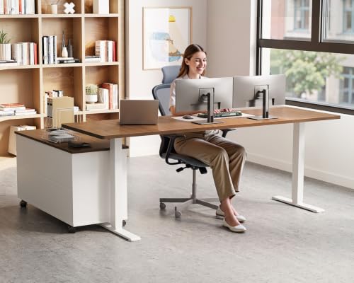 Image of OffiGo 63 inch L Shaped Electric Standing Desk with Cabinet Sets, Walnut /White | Mobile Drawers & File Cabinet Sets for Flexible Layout, Height Adjustable Executive Stand Up Desk for Home Office Workstation