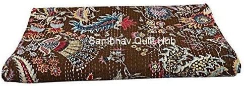 Brown Mukut Print Cotton Handmade Patchwork Quilted Blanket Indian Mukut Cotton Spread Kantha Floral Print Work Bohemian Bed Decor Block Throw Blanket Twin/King/Queen (60X90 inch)