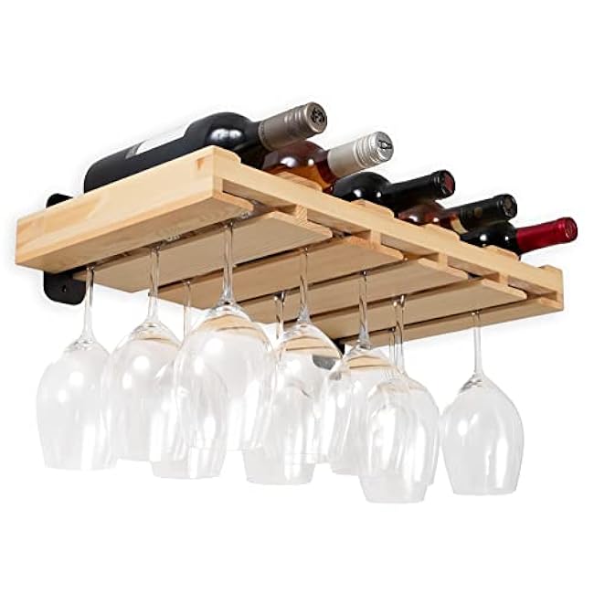 Rustic State Palomino Wall Mounted Wood Floating Wine Liquor Bottle Rack with Glassware Holder Stemware Shelf Storage Organizer - Home, Kitchen, Dining Room Bar D¨¦cor - Natural