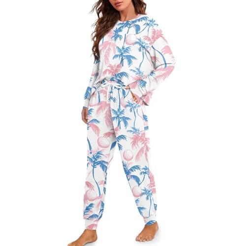 Image of Womens Lounge Set Long Sleeve Soft Pajama Sets Casual 2 Piece Pj Outfit Crewneck Sleepwear with Pockets Plus Size