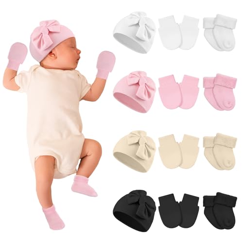 Image of Toulite 4 Pack Preemie Baby Hats Mittens and Socks Set Premature Newborn Baby Girl Cotton Bow Knot Caps for Nicu Girl Boy