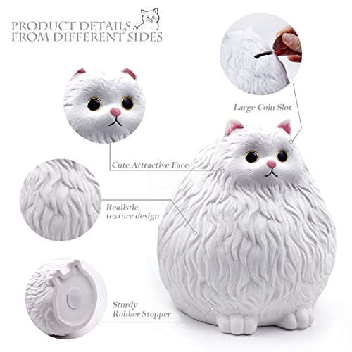 Image of Winsterch Ceramic Piggy Bank, White, Cute Cat Money Bank for Kids & Adults | 7.49 x 5.9 Inches, Large Capacity, Combines Educational and Decorative Functions, Saving Box Coin Bank Gift for Girls