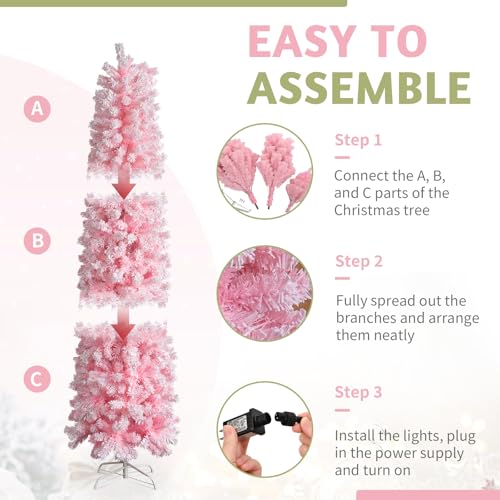 Karl home 7.5 FT Snow Flocked Hinged Christmas Tree, Artificial Pencil Christmas Tree, Unlit Artificial Christmas Pine Tree with 641 Branch Tips and Sturdy Stand, Pink