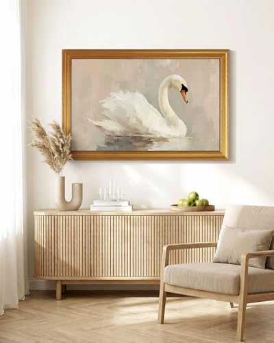 Image of HUARCEY Gold Framed Vintage Wall Art for Living Room, Animals Painting Prints Shelf Decor for Kitchen, Aesthetic Bedroom Wall Art, Best Gifts for Friends or Family - Swan White 36L x 24W