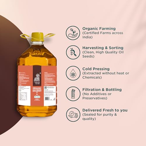 Image of Pure & Sure Organic Cold Pressed Groundnut Oil 5 Ltr | Peanut Oil /Sing Tel Edible for Cooking | Extracted on Wooden Churner | Nutrient Rich & Chemical Free
