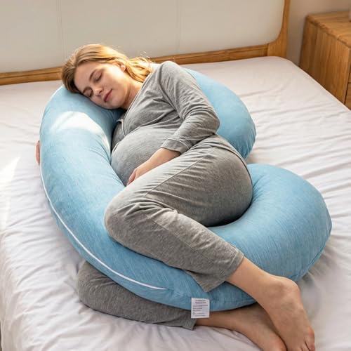 Image of 1 MIDDLE ONE Pregnancy Pillow, C Shaped Full Body Pillow for Maternity Support, Pregnant Women Sleeping Pillow with Cover (Cooling Blue)