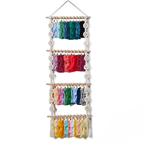 Mokof Headband Holder For Baby Girls, Bow Holder For Girls Hair Bows, Macrame Hanging Storage Organizer Newborn Headbands, Bows, Boho Nursery Wall Decor (4 Rods, Holds 40 Headbands) #TOP11