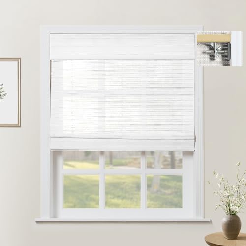 TWOPAGES Customized Cordless Ramie Bamboo Woven Shade Light Filtering UV Protection Shade Roman Blind for Sliding Doors, Indoor Roman Window Shade, Install Hardware Included, 1 Piece, Silver