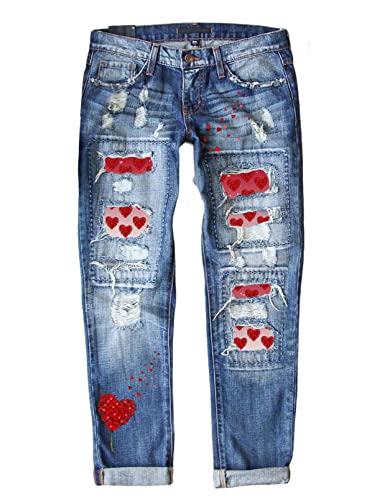 Astylish Womens Heart Valentines Patchwork Ripped Jeans Boyfriend Stretchy Distressed Hole Denim Pants Blue Small