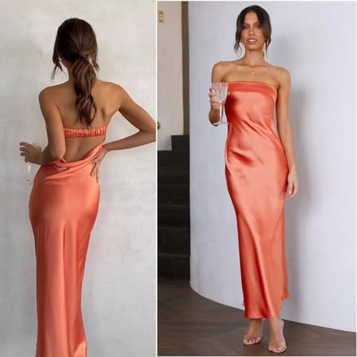 Image of Womens Strapless Satin Maxi Dress Backless Tube Dress | Strapless satin maxi dress with elastic back folded bust backless cut smooth drape and slim tube fit for events