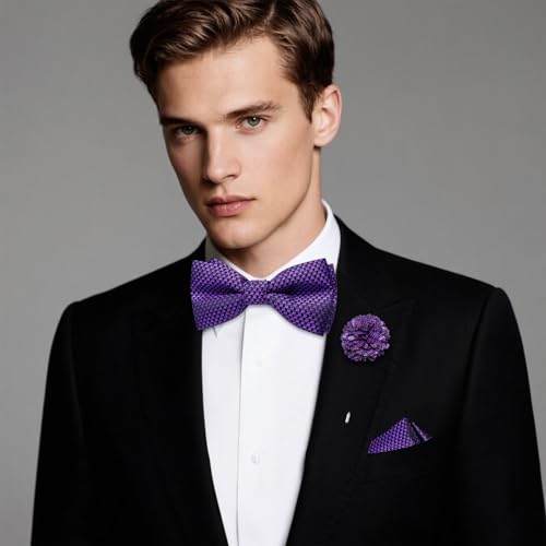 Image of Hi-Tie Bow Ties for Men Pre-Tied Pocket Square with Cufflinks Mens Bowtie Sets for Wedding Formal Party