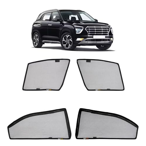 Image of Amazon Basics Side Window Sun Shade for Hyundai Creta (2024 Onwards) - Front Half Cut + Rear Zipper | Custom-Fit Magnetic Car Curtains | Black | Pack of 4 Pcs | Cotton Mesh