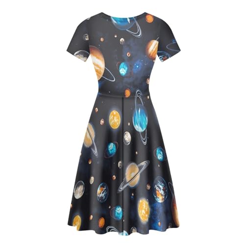 Image of Forchrinse Galaxy Colorful Planet Space Womens Dress Short Sleeve Midi Tunic Dress Plus Size Casual Elegant Formal Dress 3D Galaxy Party Sexy Sundresses for Women, Large