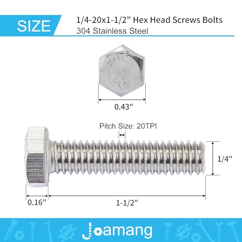 Image of 1 /4-20 x 1-1 /2 inch Hex Head Screws Hexagon Bolts, External Hex Drive, Stainless Steel 304, UNC Coarse Thread, Fully Threaded, Pack of 25