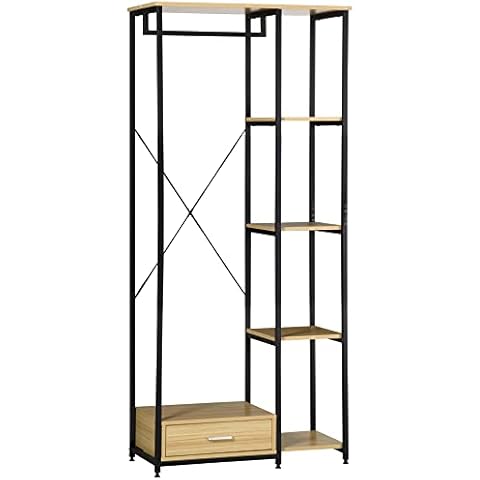 HOMCOM Garderobenständer Kleiderständer Mantelgestell mit Schublade Kleiderstange Garderobe Anti-Kipp-Beschläge Industriedesign Spanplatte Schwarz+Natur 77 x 39 x 180 cm Cover