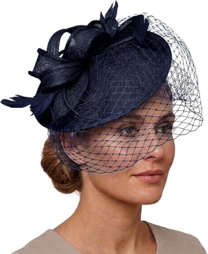 Image of Caprilite Saucer Sinamay Headband Fascinator Wedding Ascot Hat Hatinator Birdcage Veil[Navy]