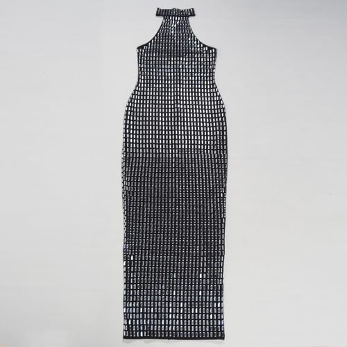Image of Jigfar Women Sexy Elegant Rhinestone Halter Party Night Bodycon Formal Maxi Dress(FK3521,Black,XL)