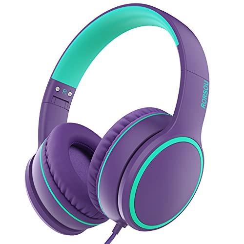 RORSOU R10 On-Ear Headphones with Microphone, Lightweight Folding Stereo Bass Headphones with 1.5M No-Tangle Cord, Portable Wired Headphones for Smartphone Tablet Computer MP3 / 4 (Purple)