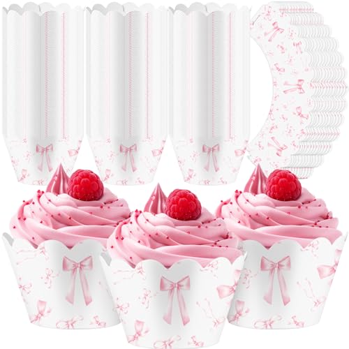 Domensi 100 Pcs Pink Bow Cupcake Wrappers Rustic Cupcake Liners Pink Baking Cups Baking Liners for Wedding Bridal Baby Shower Birthday Breast Cancer Awareness Party Supplies Dessert Decoration
