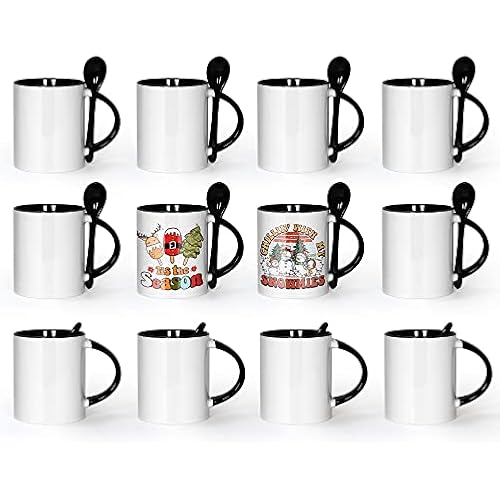 AGH Sublimation Coffee Mugs Blank 11 oz, White Straight Ceramic Cups with Black Interior, Handle, Spoon, Bulk Bundle Set of 12