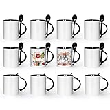 AGH Sublimation Coffee Mugs Blank 11 oz, White Straight Ceramic Cups with Black Interior, Handle, Spoon, Bulk Bundle Set of 12
