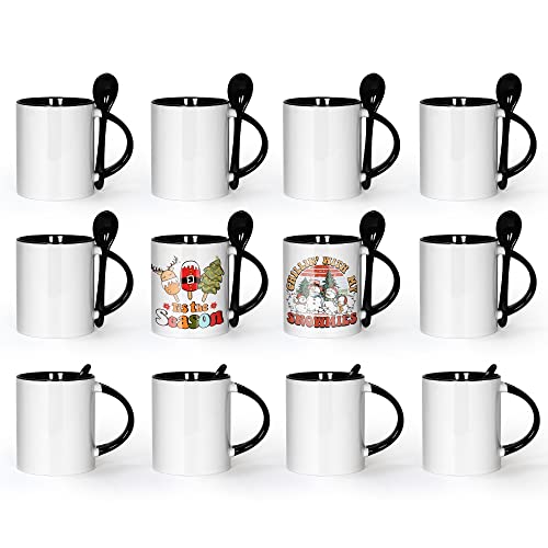 AGH Sublimation Coffee Mugs Blank 11 oz, White Straight Ceramic Cups with Black Interior, Handle, Spoon, Bulk Bundle Set of 12 by AGH - Used condition - US$33.99