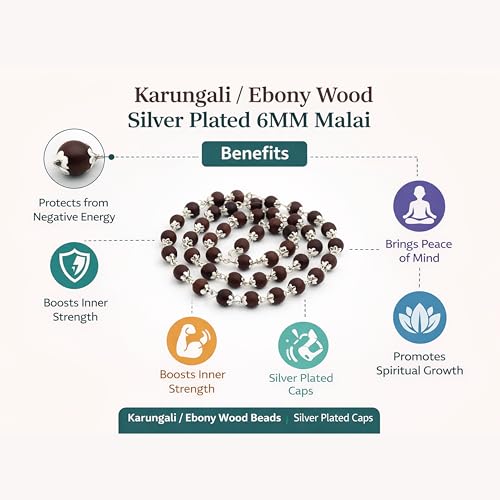 Image of Karungali Malai Silver Plated Original 6mm | Certified Ebony Beads Mala 54 Beads Goverment Lab Test Certification Mala with German Silver Cap | Authentic Karungali Malai for Spiritual Protection - 1 Piece