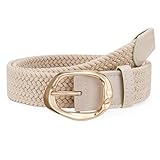 Jasgood Braided Elastic Belt For Women Stretchy Woven Golf Belt Casual Web Belt For Jeans Pants With Gold Buckle, Beige, Fit Waist Size 26Inch-31Inch