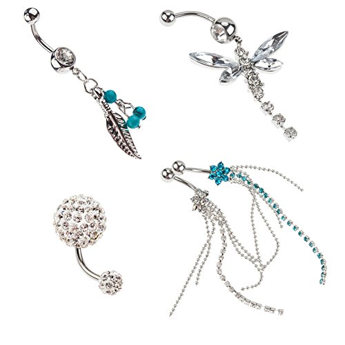 VAGA Body Jewelry Kit stainless steel Belly Button Navel 14 Gauge Piercings Including Silver And Blue Colored Gems Flowers, Tassels, Silver Leaf, Blue Beads, Pearls, Studded Silver Dragonfly