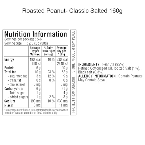 Jabsons Roasted Peanut Classic Salted - 160gm (Pack of 6)(160gm X6)|Jumbo Bharuchi Peanuts| Premium Roasted Moongfali |Ready to eat healthy snacks|Anytime Snack|Gluten free|Classic Salted