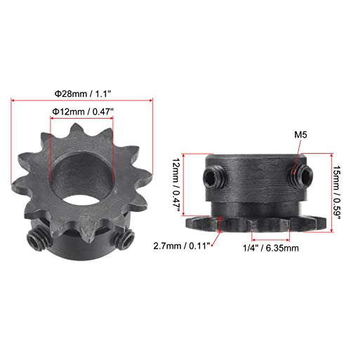 sourcing map Kettenrad mit 12 Zähnen Typ B Einsträngig 1/4 Teilung 12mm Bohrung Schwarz Oxid Kohlenstoffstahl C45 mit 2 Stellschrauben für ISO 04C