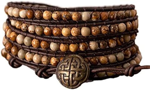 JNZLHTZDYDK Fashion Decoration Vintage Picture Jaspers Beads Leather Wrap Bracelet Boho Earth Color Natural Stone Cuff Bracelet Classic Jewelry Gift