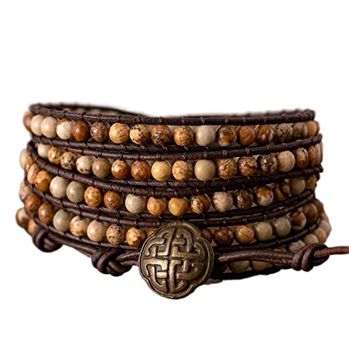 Jnzlhtzdydk Fashion Decoration Vintage Picture Jaspers Beads Leather Wrap Bracelet Boho Earth Color Natural Stone Cuff Bracelet Classic Jewelry Gift #TOP1