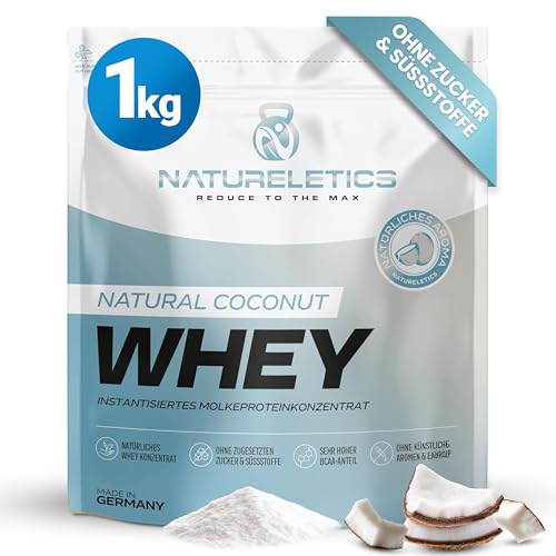 NATURELETICS KOKOS 1kg - Natürliches Premium Whey Protein aus Deutschland ohne Zusatz von Zucker, Süßstoffe, Aspartam & Sucralose - kohlenhydratarm – 22,6 % BCAA – reines Eiweißpulver