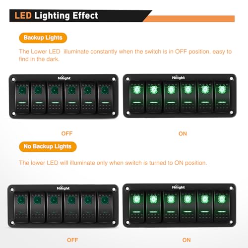 Image of Nilight 6 Gang Rocker Switch Panel SPST On Off Toggle with DIY Label Sticker | 5PIN Electrical 12V /20A 24V /10A Aluminum Plate with Pre-Wired Jumper Wires for LED Light Bar RV Boats 4X4 Cars Green