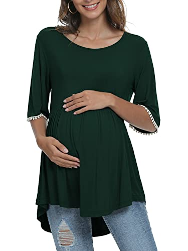 Xpenyo Women's Maternity Blouse Tops Round Neck Lace Bell Sleeve Plain Maternity T Shirt Pregnancy Shirts Dark Green Size Xl #TOP10