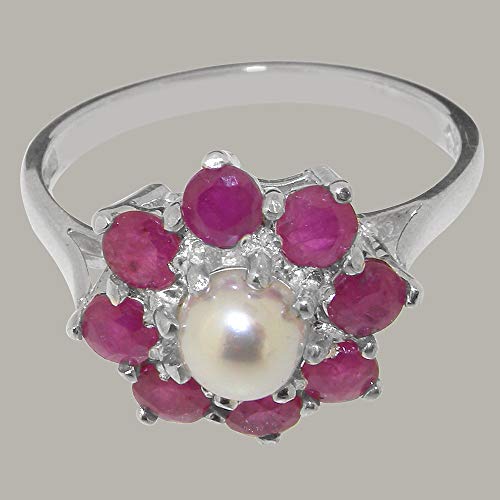 925 Sterling Silver Cultured Pearl & Ruby Womens Statement Ring - Size 7 #TOP4