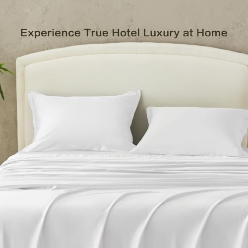 Image of Andency Sateen Sheets Set, 100% Viscose Derived from Bamboo, Hotel Luxury Silky & Cooling for Hot Sleepers, Deep Pocket Up to 16 inch, White Queen
