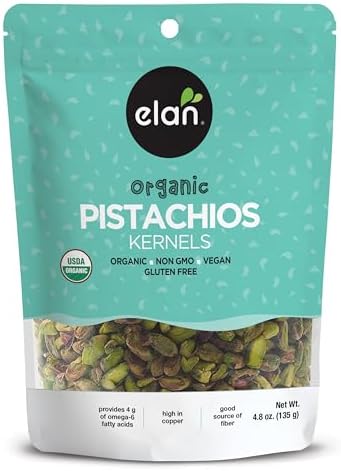 Elan Organic Raw Pistachios, 4.8 oz, Unsalted Kernels, No Shell,Pistachio Nuts, Non-GMO, Vegan, Gluten-Free, Kosher, Healthy Snacks