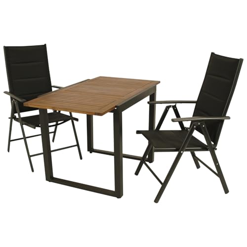 DEGAMO Gartengarnitur RIVELLO 3-teilig, 2X Hochlehner Klappsessel anthrazit und 1x Ausziehtisch Aluminium mit Tischplatte Akazie 80/120x70cm, Outdoor, Moderne Optik
