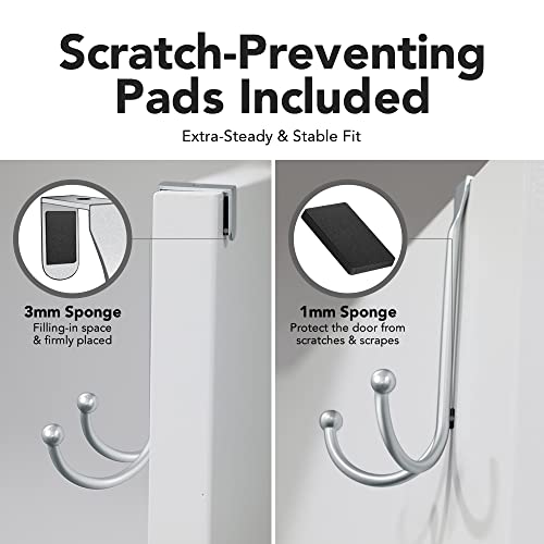 Levaf 2-Pack Over The Door Hooks - With 2 Hang Heads & Snug Fit Pads Heavy Duty Hook For Hanging Coats, Towels, Caps & Robes - Elegant Matt Finish - No Drill Hanger Organizer - Silver #TOP5
