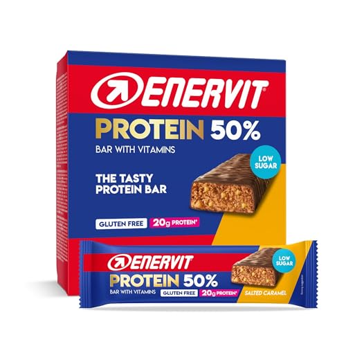 Enervit, Protein Bar 50% Salted Caramel, Barrette Proteiche, 20g di Proteine, Low Sugar, con Vitamina D e B6, Gusto Caramello Salato, Per il Recupero Dopo lo Sport, Senza Glutine, 12 Barrette da 40g