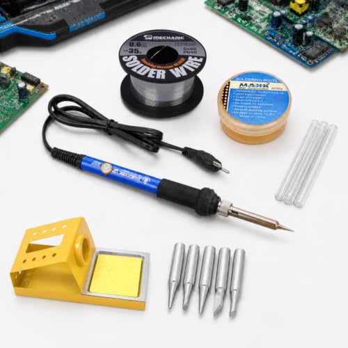 Image of 60W Adjustable Temperature Soldering Iron Kit | 5 Copper Tips | Soldering Stand With Sponge | Solder Wire Flux Paste | Electronics Repair Tool Set | Includes Glue Sticks | Pack of 12