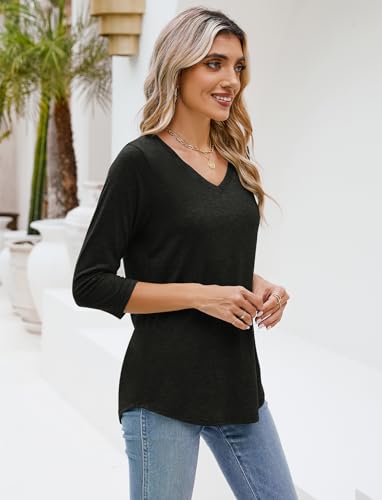 Sherosa Womens V Neck 3/4 Sleeve T Shirts Loose Fit Shirts Casual Solid Basic Tops Tees Blouses2