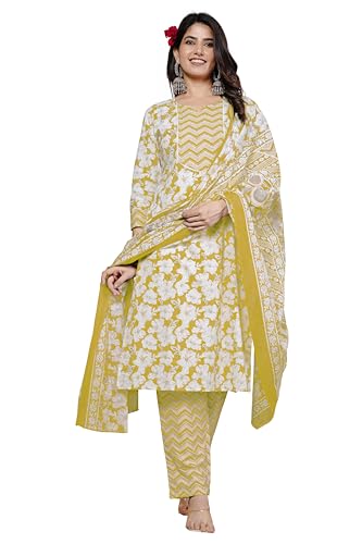 Image of MIRCHI FASHION Women's Straight Fit Pure Cotton Sequins Thread Work Leaf Printed Kurta Set with Dupatta and Trouser
