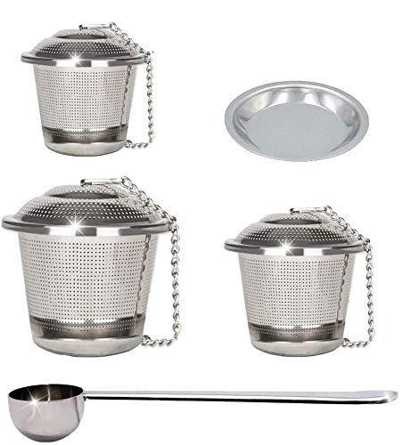 JEZOMONY Infusor de té de Hojas Sueltas Juego de 3 con Cuchara de té y Bandeja de Goteo Coladores y barredores de Acero Inoxidable Reutilizables de Primera Calidad para tés de Hojas Sueltas Cover
