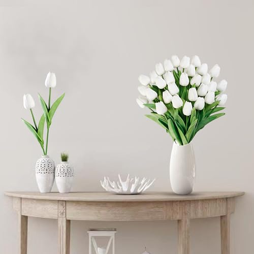Image of Sggvecsy 15 Pcs Fake Tulips Artificial Flowers Real Touch PU Faux Flowers Tulip Stems for Wedding Spring Bouquet Floral Arrangement Home Party Office Decorations for Mother's Day (White)